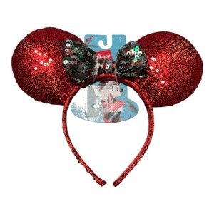 Disney Collection Minnie Mouse sequined ear headband Christmas-themed bow NWT